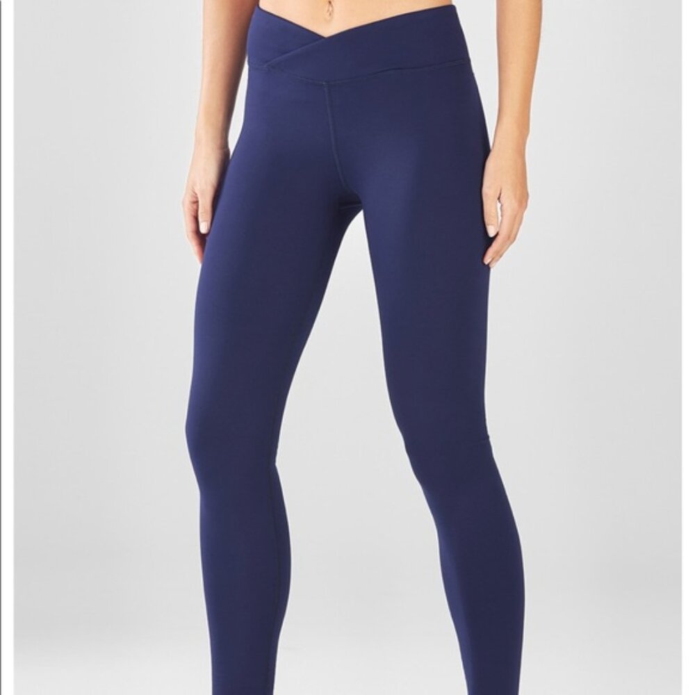 Fabletics navy blue crossover criss cross waistband leggings sz Small EUC